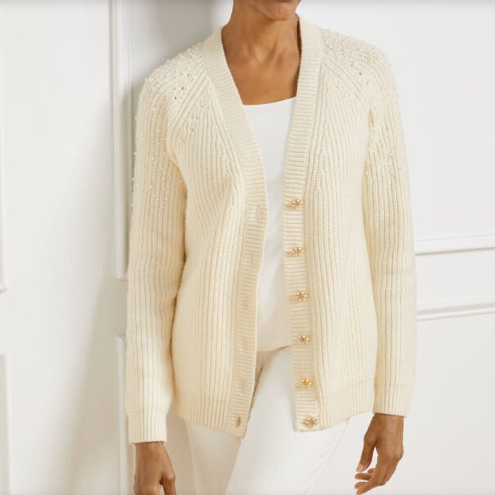 Talbot's Petite's Pearl Embellished V-Neck Cream Knit Cozy Cardigan Size Large